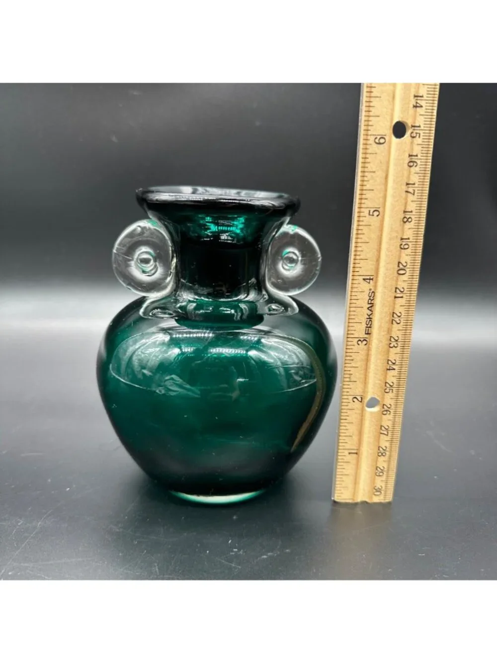 Art Glass Vase Forest Green Glass Clear Applied Handles Polished Bottom Handmade